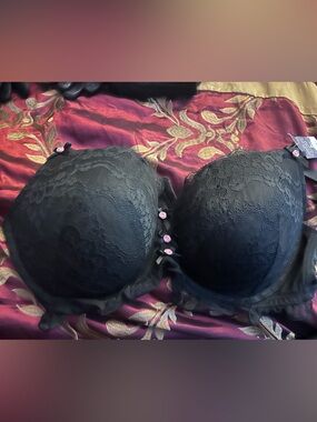 Cacique Black Lace Bra with Pink Rose Accents